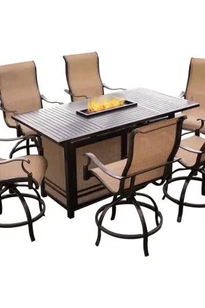 Order Now Monaco 7 Piece High Dining Fire Pit Set: 6 Swivel Bar High Chairs, 1 Fire Pit Bar Table