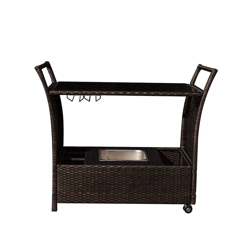 Island Retreat Outdoor Wicker Bar Cart with Drink Wells and Ice Tray In Demand