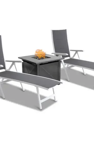 Everson 3 Piece Chaise Fire Pit Set: 2 Folding Chaise Lounges and Tile Top Fire Pit Discount
