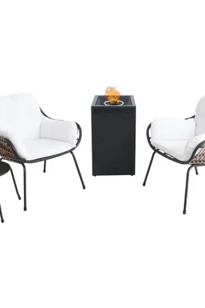 Bali 4 Piece Fire Pit Set: 2 Chairs with Pillows, Side Table, and Glass Top Fire Pit Trusted Brand